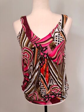Melanie Lyne Pink & Kakahi Graphic Blouse V Neck Sleeveless Sz S